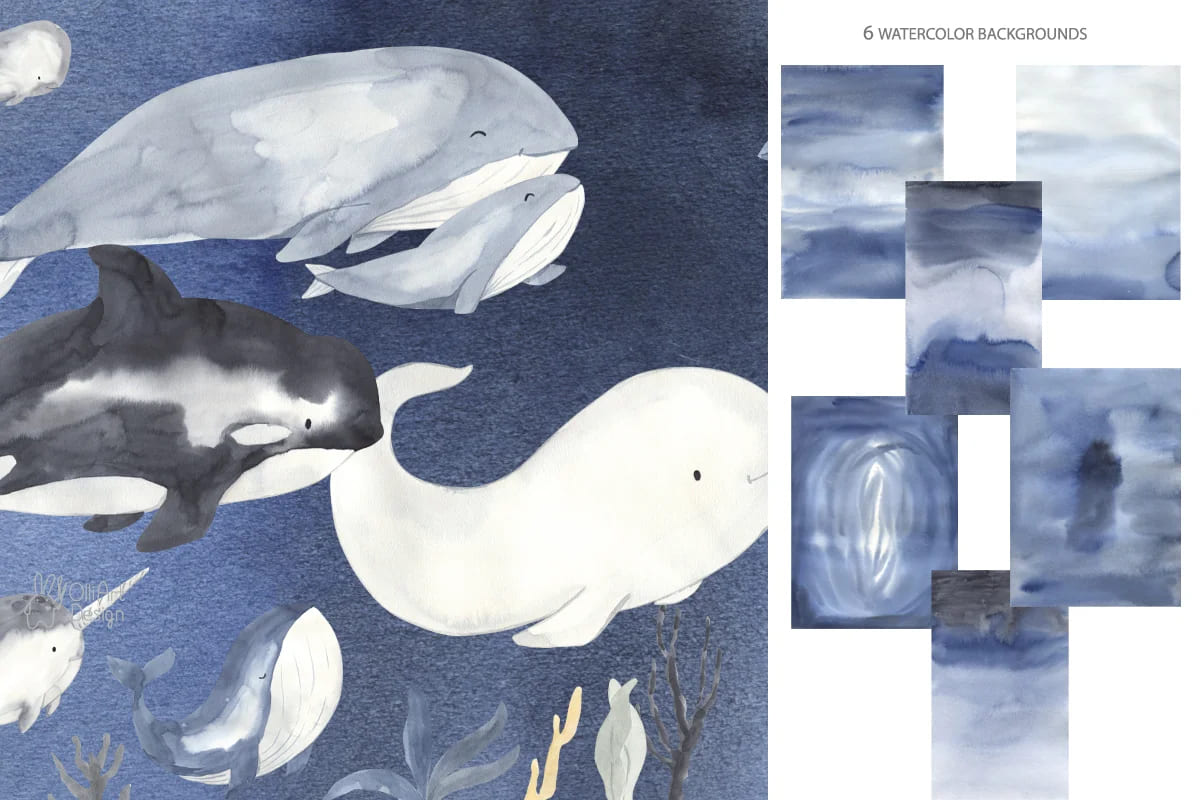 whales watercolor collection sky and floral elements.
