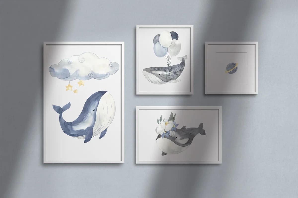 whales watercolor collection for printing.