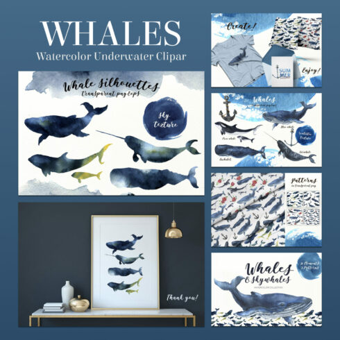 Whales Watercolor Underwater Clipart Set cover image.