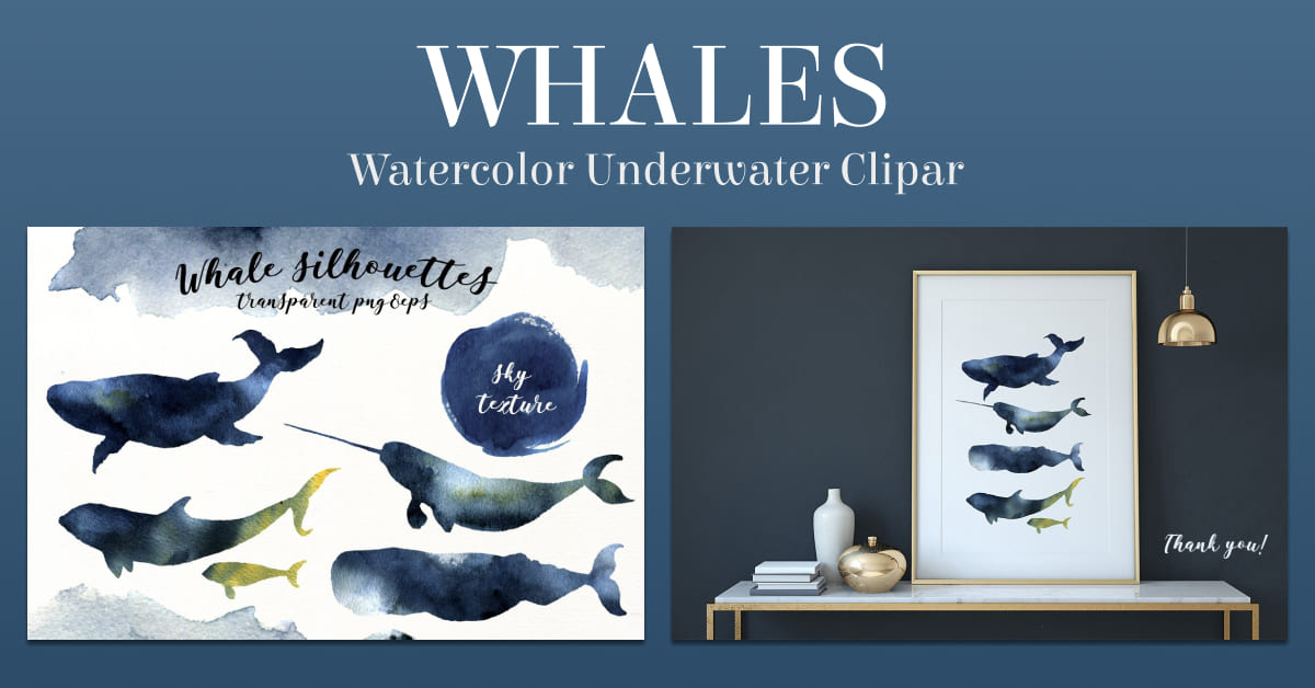 whales. watercolor underwater clipart.