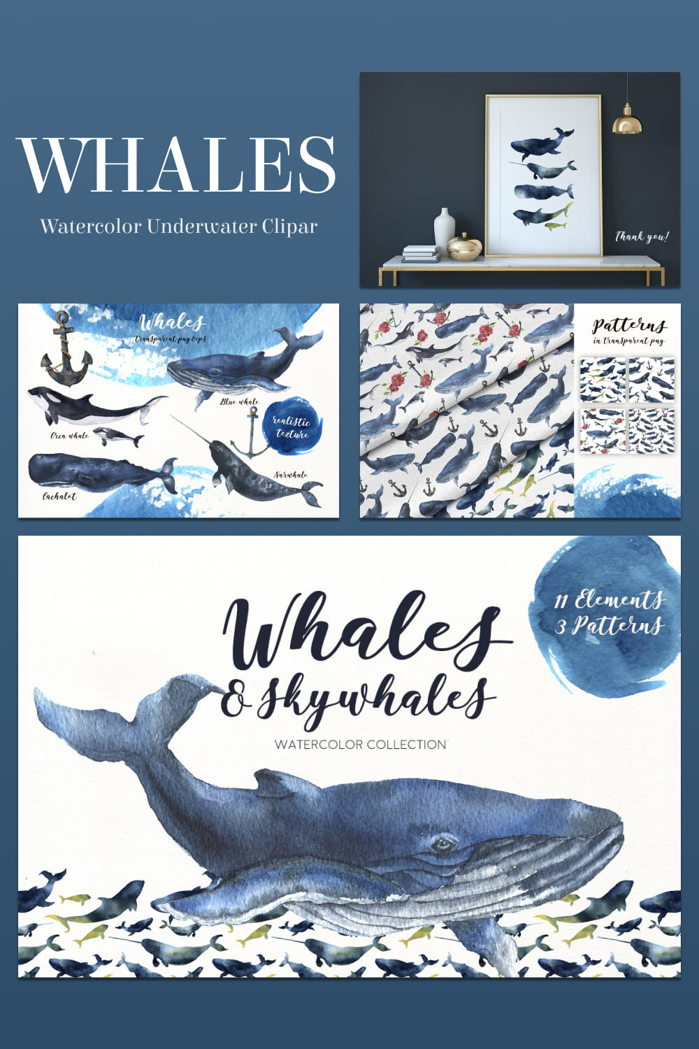 Whales Watercolor Underwater Clipart Set pinterest image.