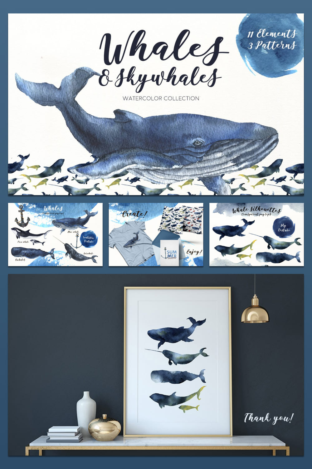 whales. watercolor underwater illustrations set.