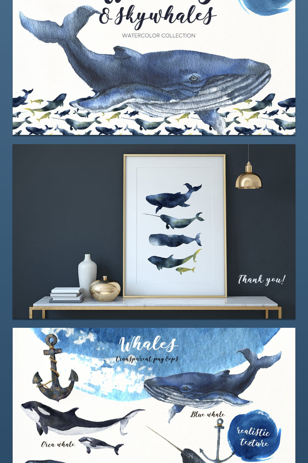 whales. watercolor underwater graphics collection.