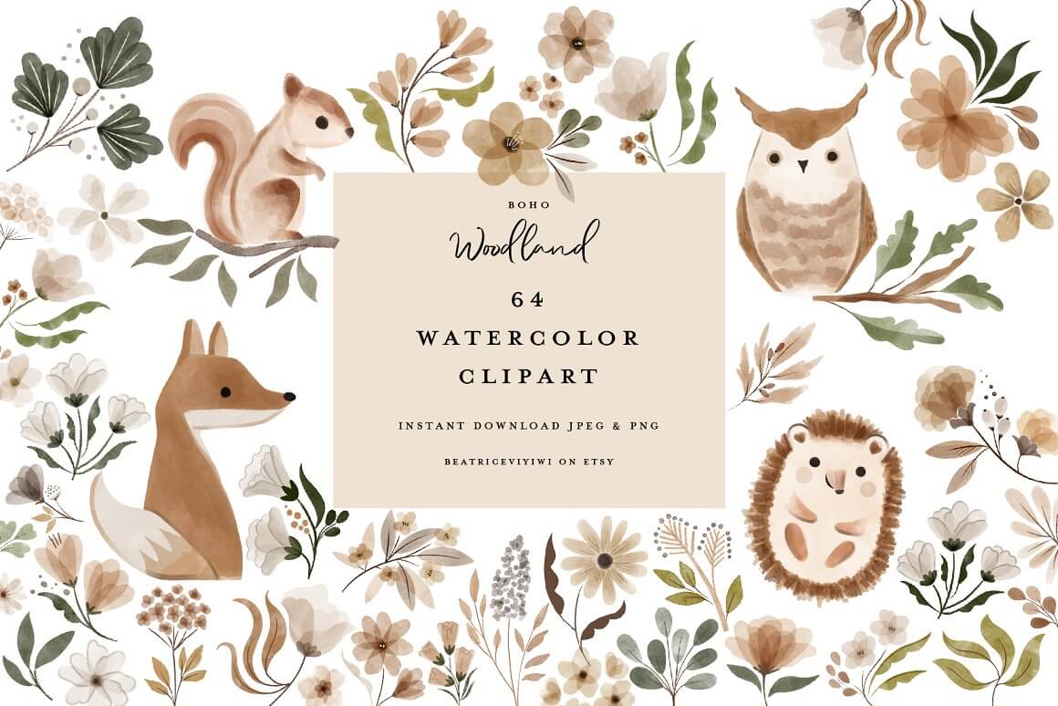 Decorative watercolor images: owl, hedgehog, forest, squirrel, leaves and flowers.