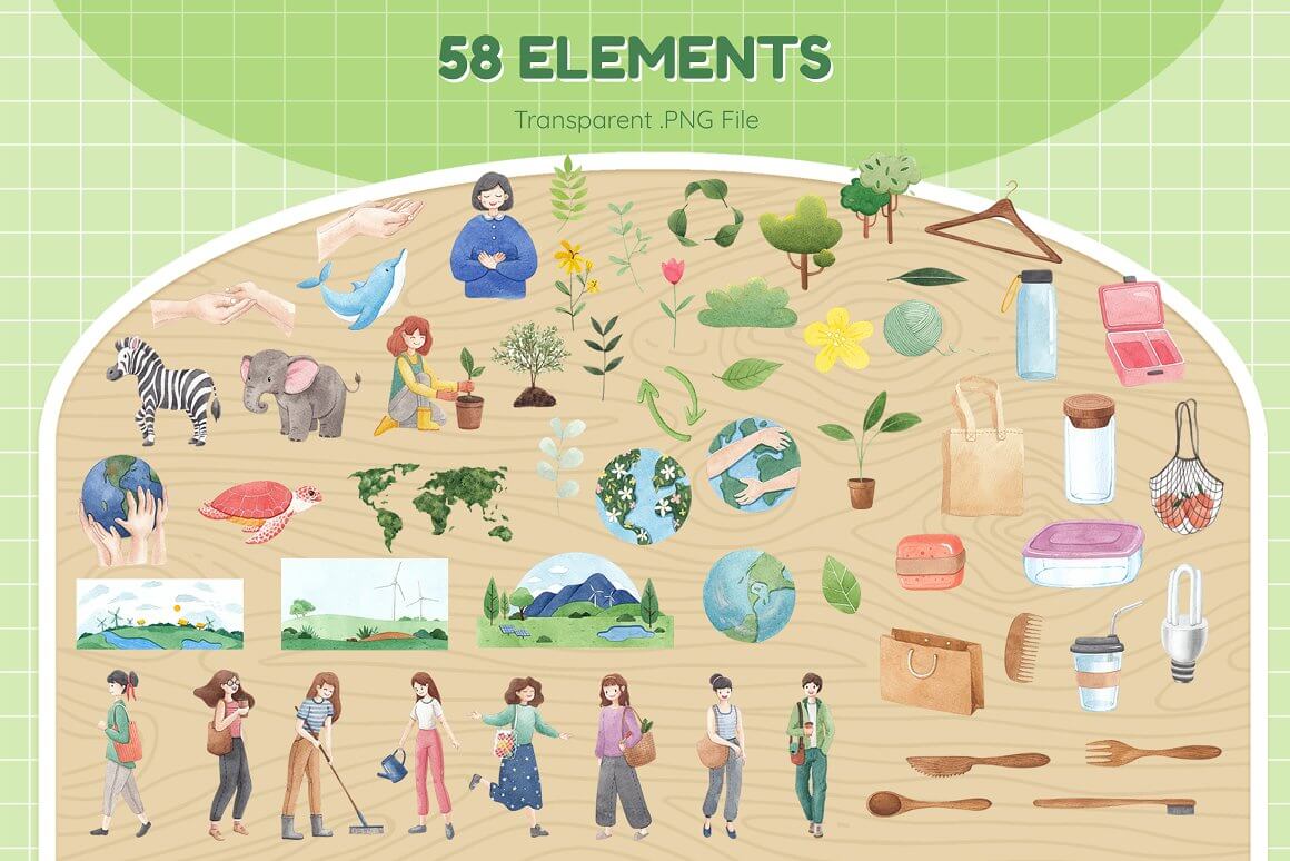 58 elements about nature and caring of nature.