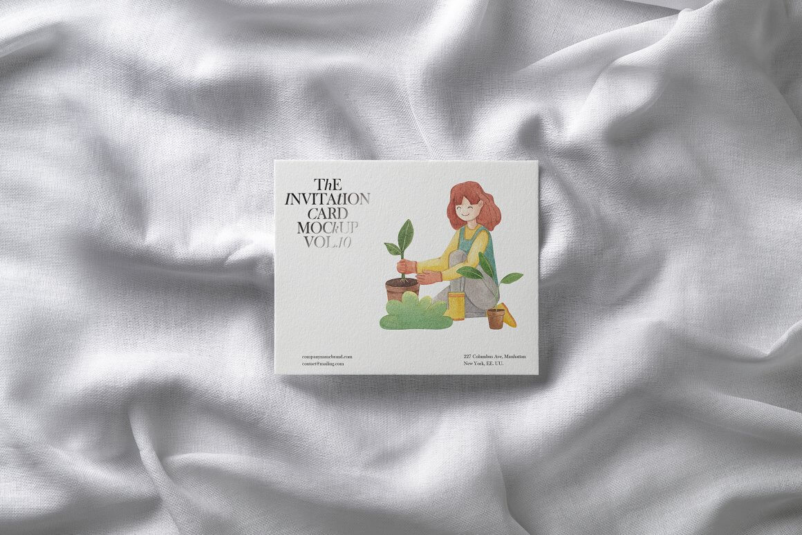 On a white card, a girl is drawn who plants a plant and the inscription The invitation card mockup.