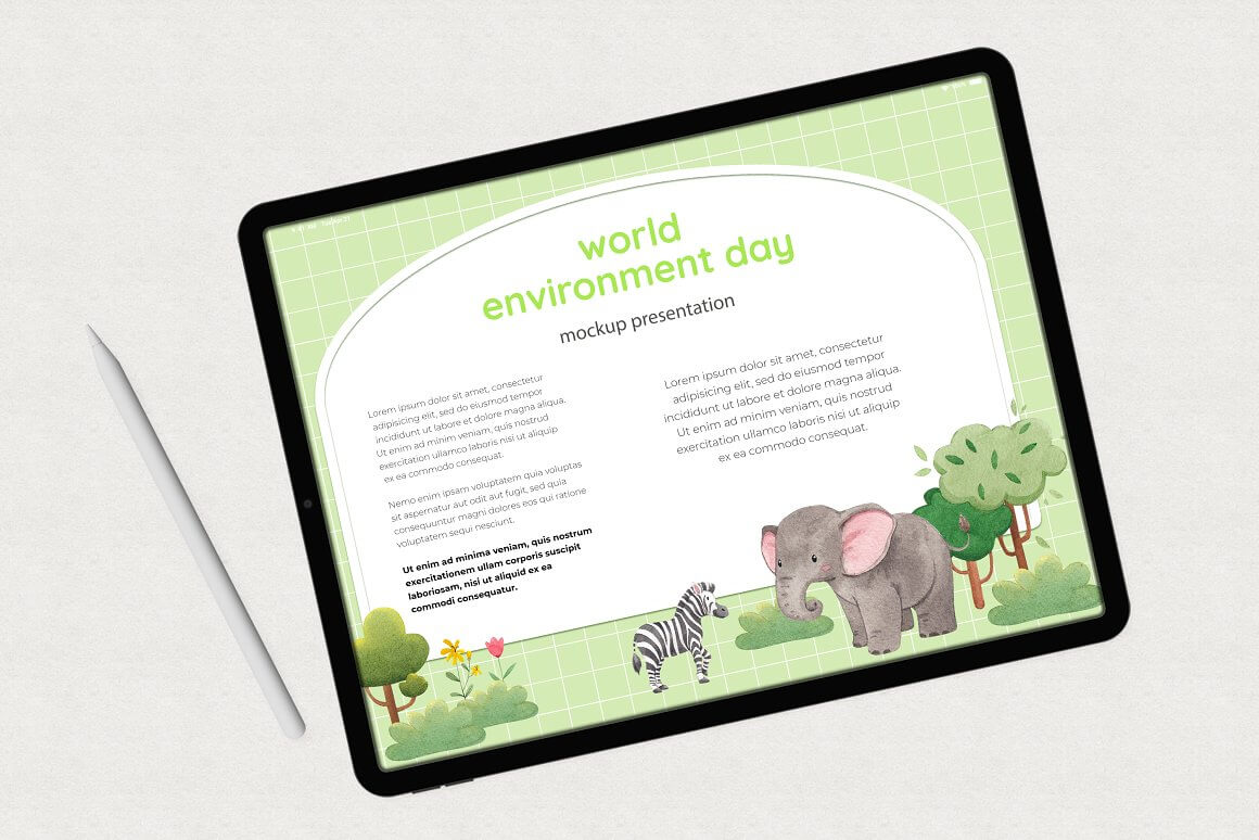 The tablet depicts an elephant and a zebra with the inscription World Environment day mockup presentation.
