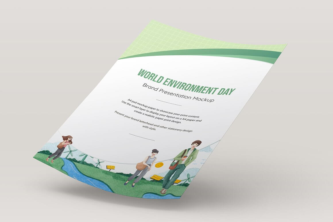 A sheet of paper with drawn people who walk in nature and the inscription World Environment Day Brand Presentation Mockup.