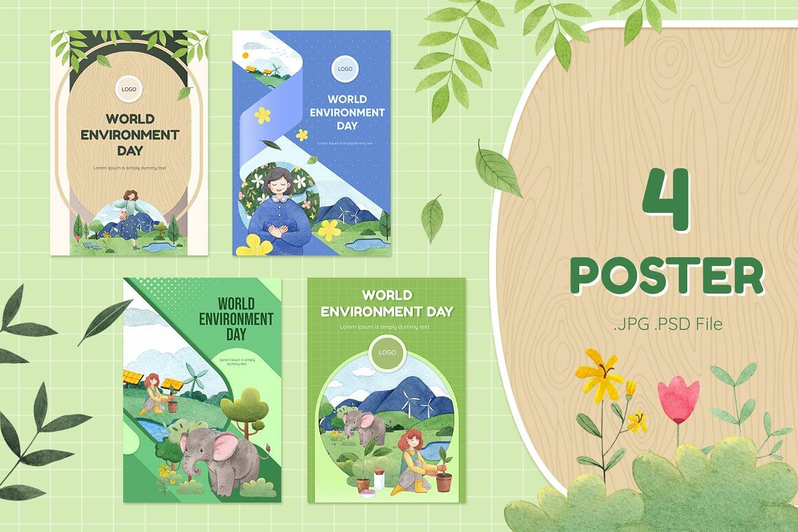 Four posters in beige, blue and green depicting people who care about nature.