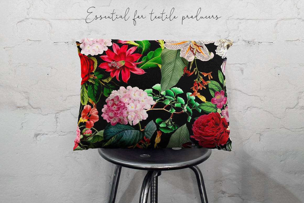 Shown print on a pillow with flowers.