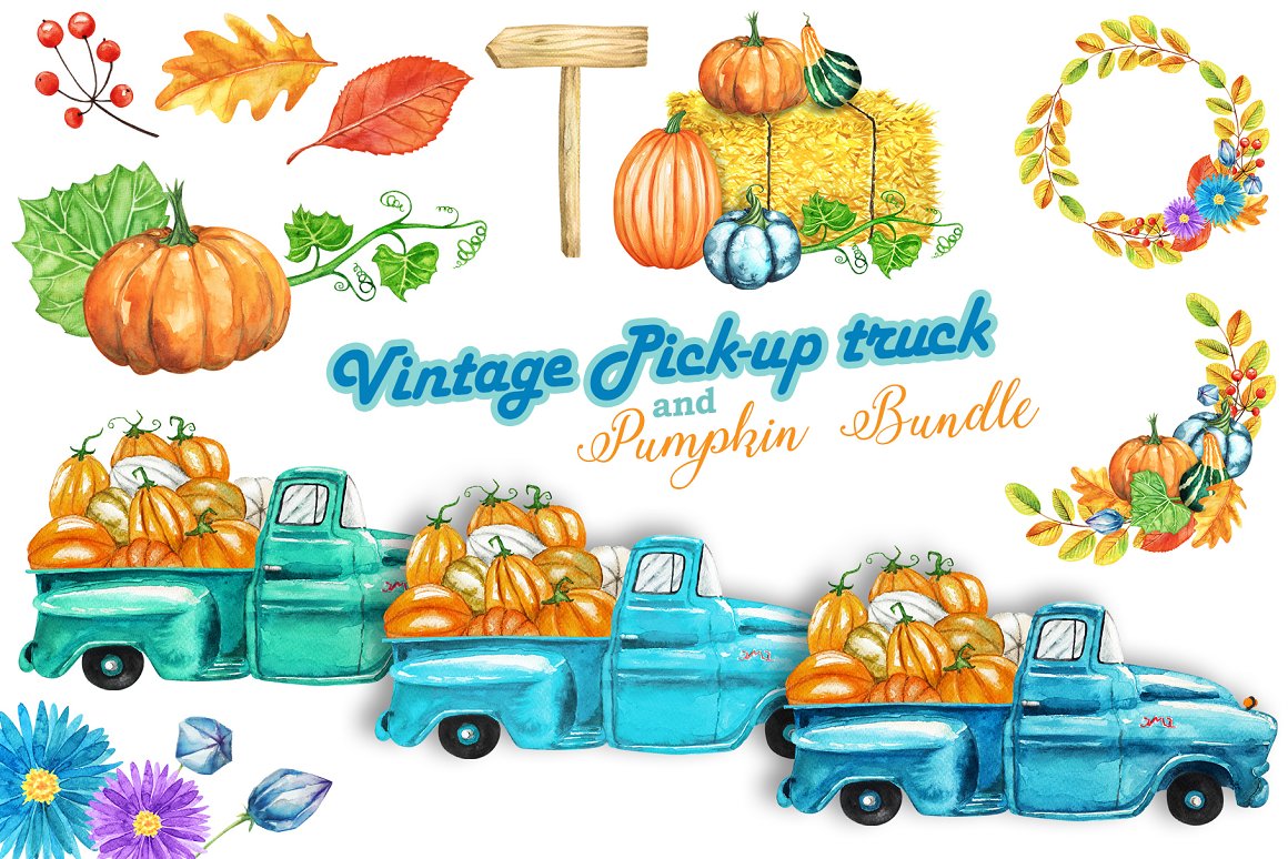 Vintage Pick-up truck and Pumpkin Bundle.