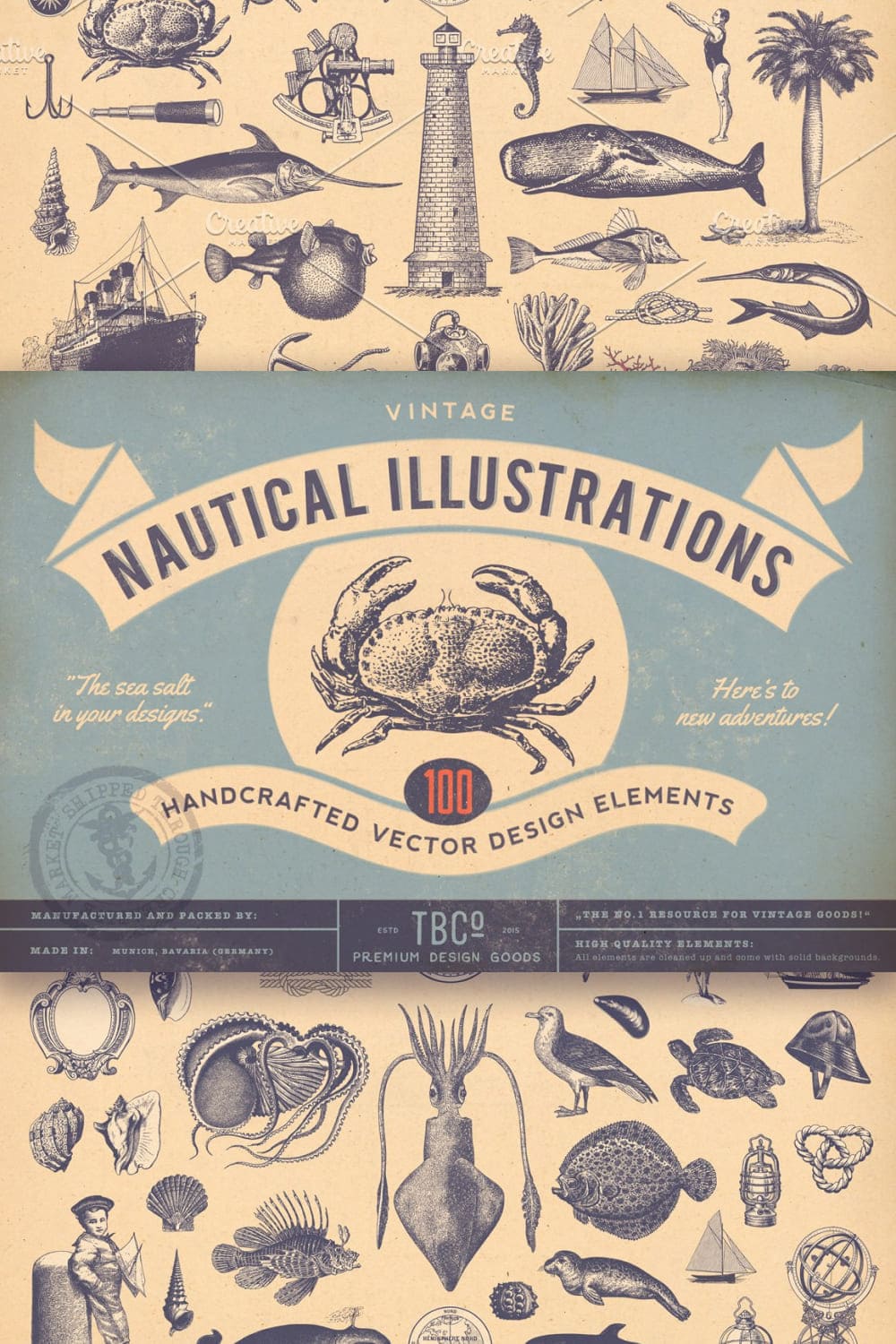 100 Vintage Nautical Illustrations pinterest image.