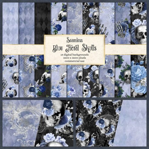 Blue Floral Skulls Digital Paper cover image.
