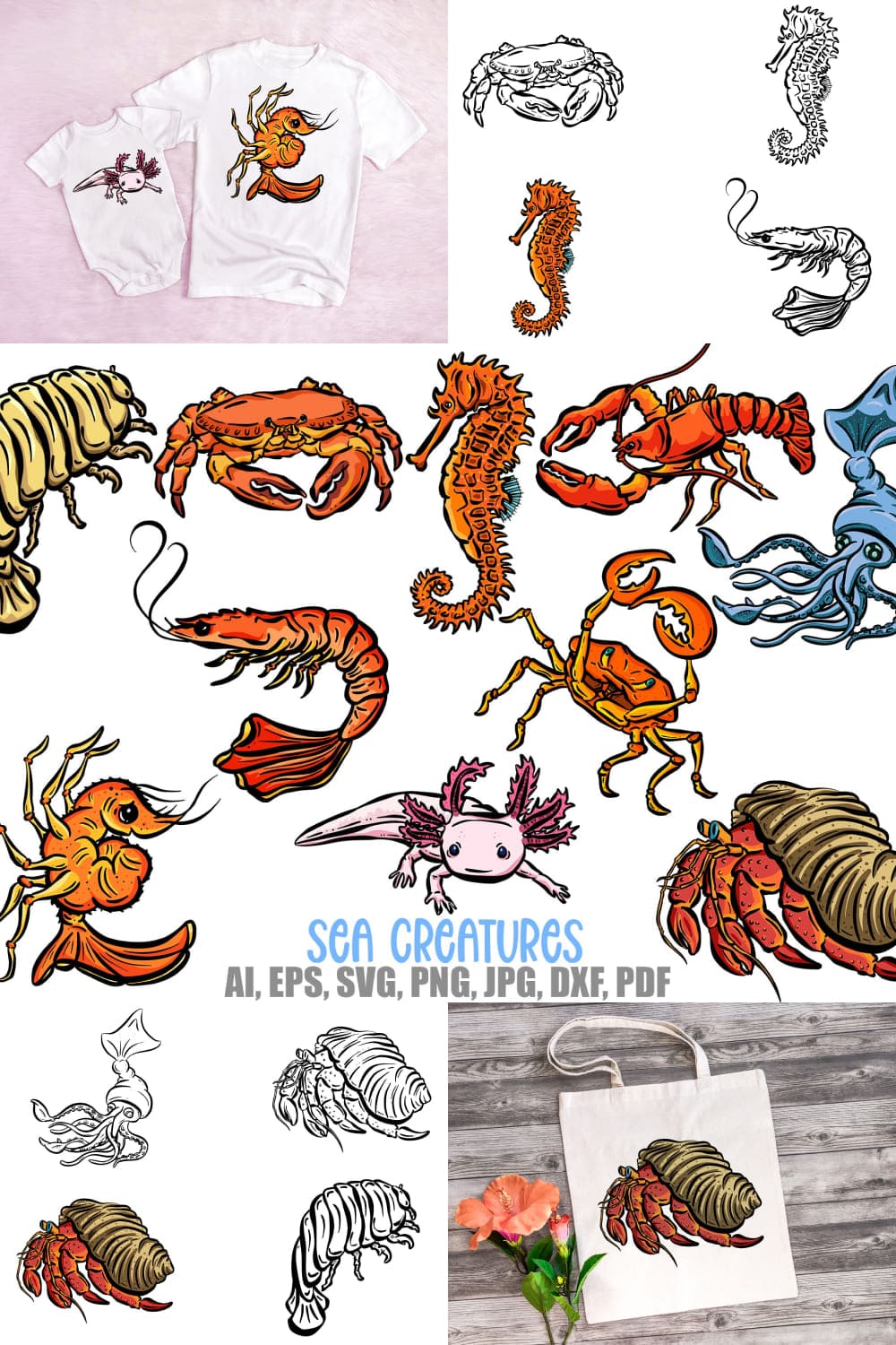 Cartoon Sea Creatures Crab Shrimp Axoloti Isopod Sticker SVG pinterest image.