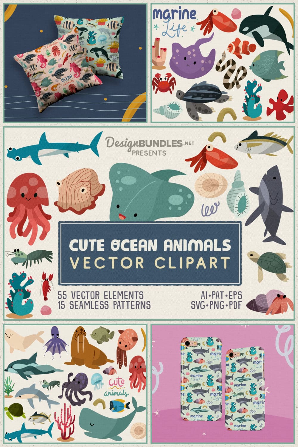 Cute Ocean Animals Vector Clipart Pack pinterest image.