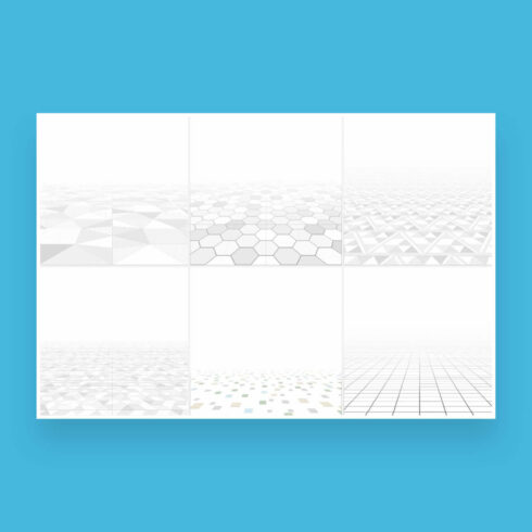 Collection of six abstract light geometric backgrounds, in the form of honeycombs, triangles, square grid, different colored cubes.