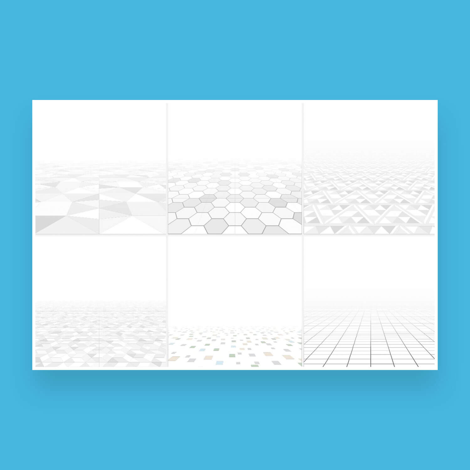 Collection of six abstract light geometric backgrounds, in the form of honeycombs, triangles, square grid, different colored cubes.