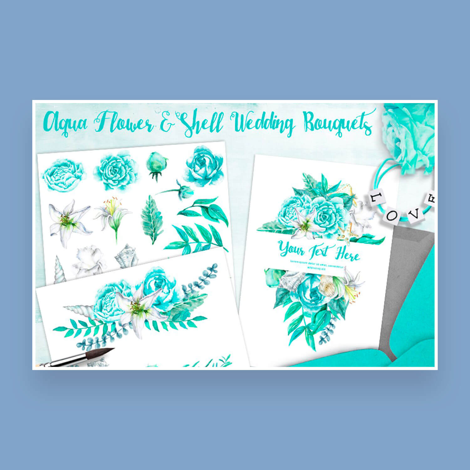 Cards and envelopes with a pattern of wedding bouquets of sea wave flowers and shells.