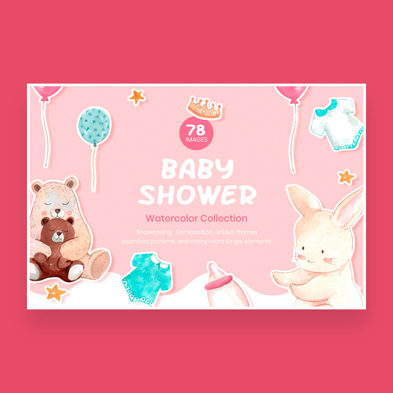 Baby Shower Watercolor Collection on pink Background: 78 Images.