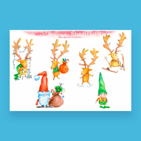Christmas symbols: deer, santa claus, gnome, gifts.
