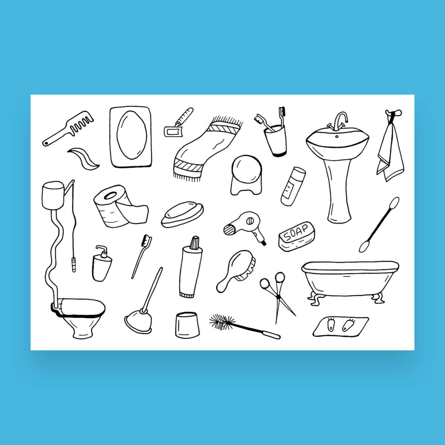 Drawing of a bathroom set on a white background.