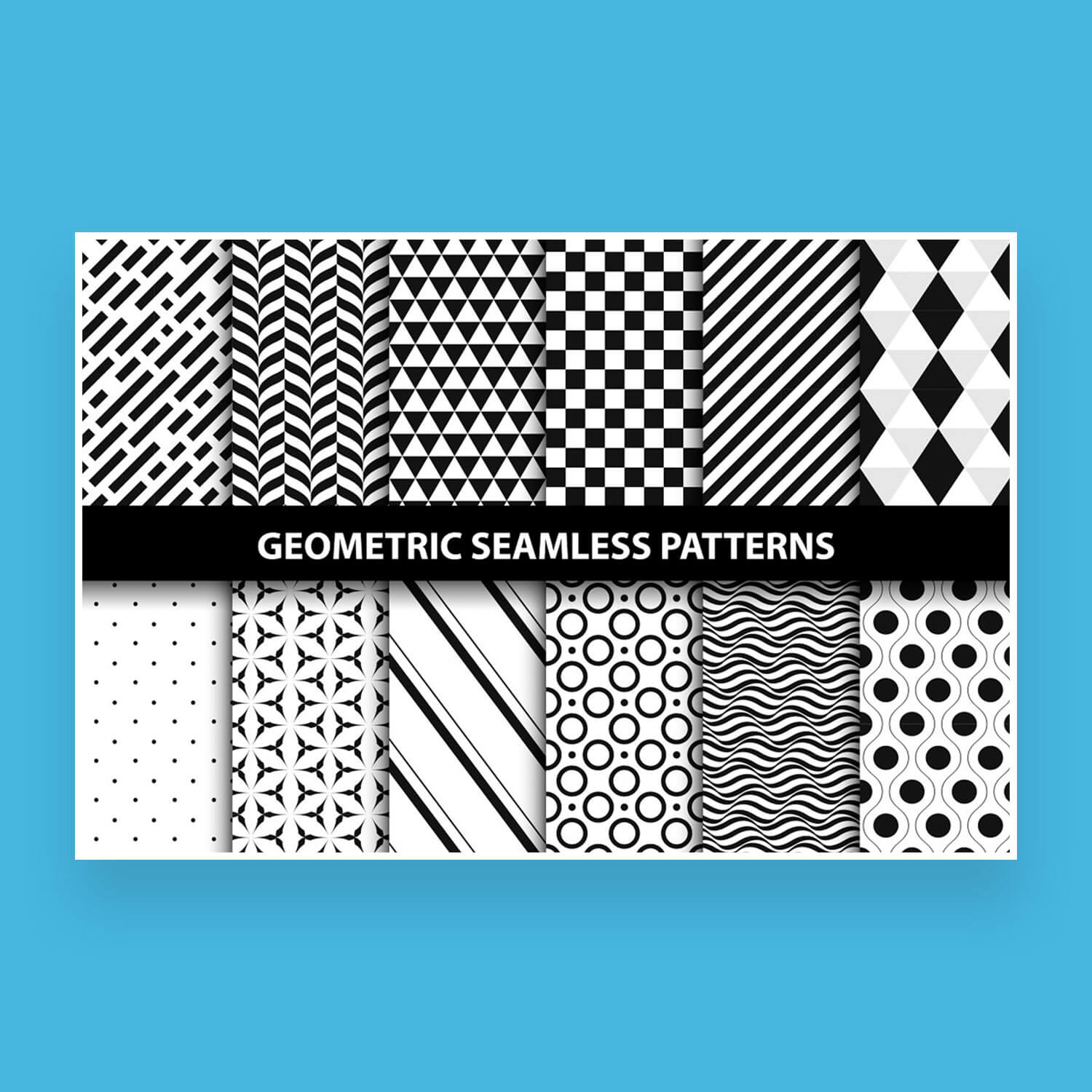 Twelve pattern clip art with seamless geometric patterns.