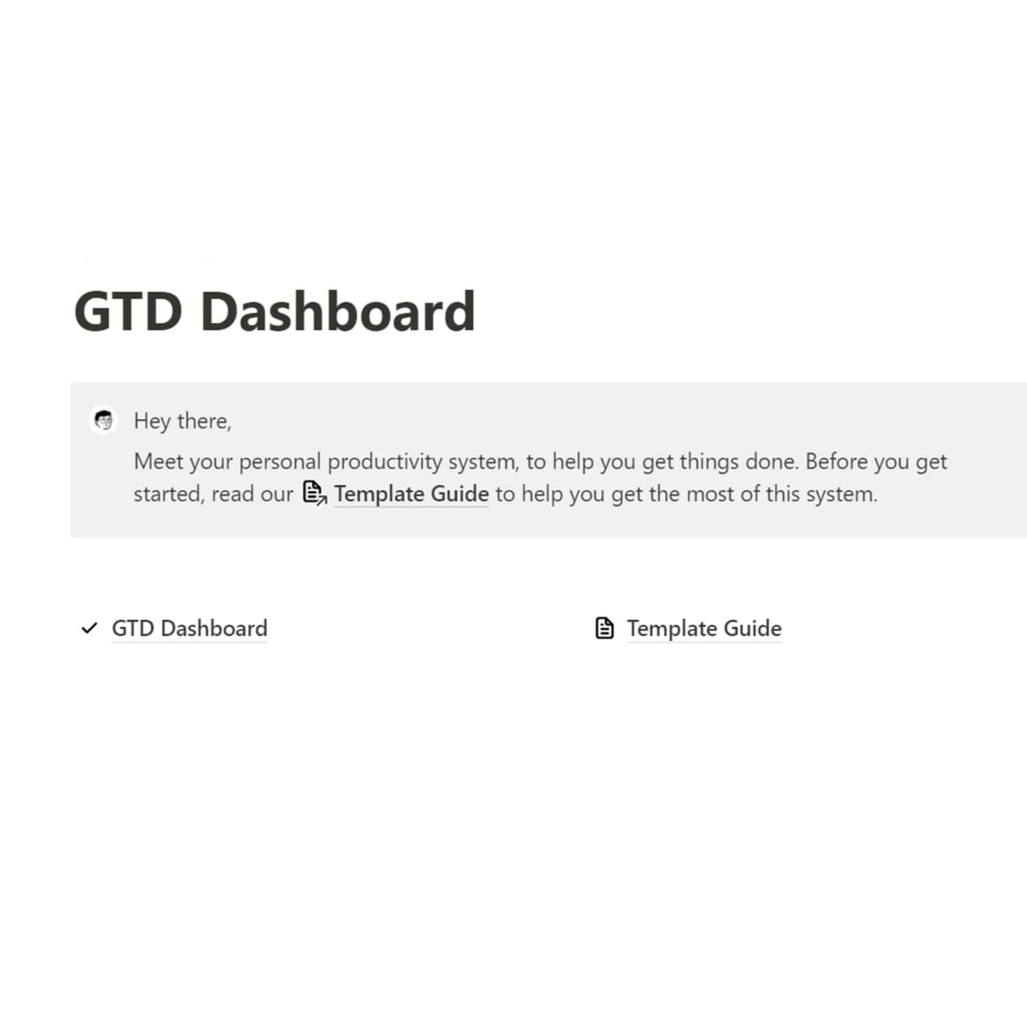 Inscription: GTD Dashboard, "Hey there, Meet your personal productivity system, to help you get things done".