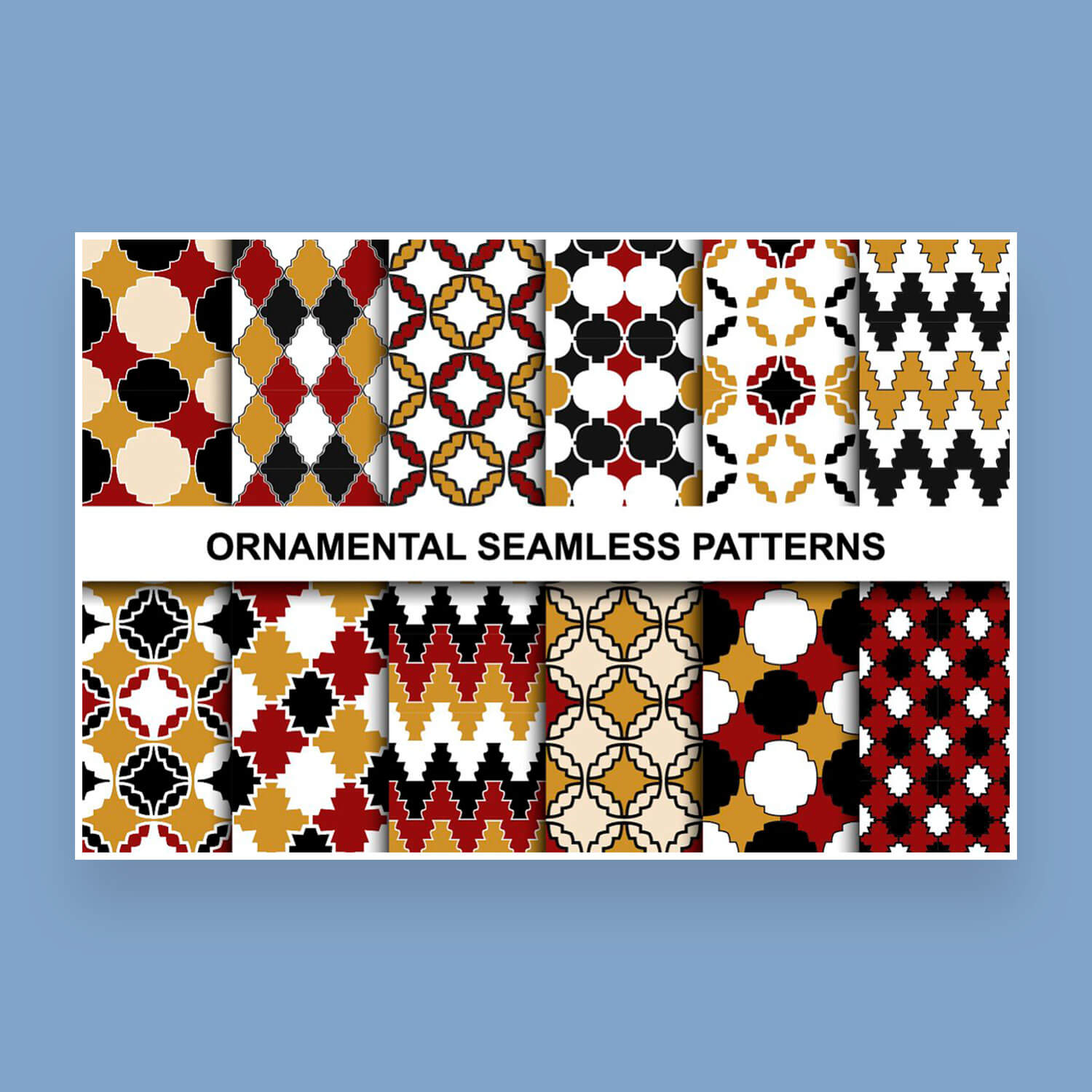 Seamless ornamental patterns, twelve patterns in brown, red, black, white colors.