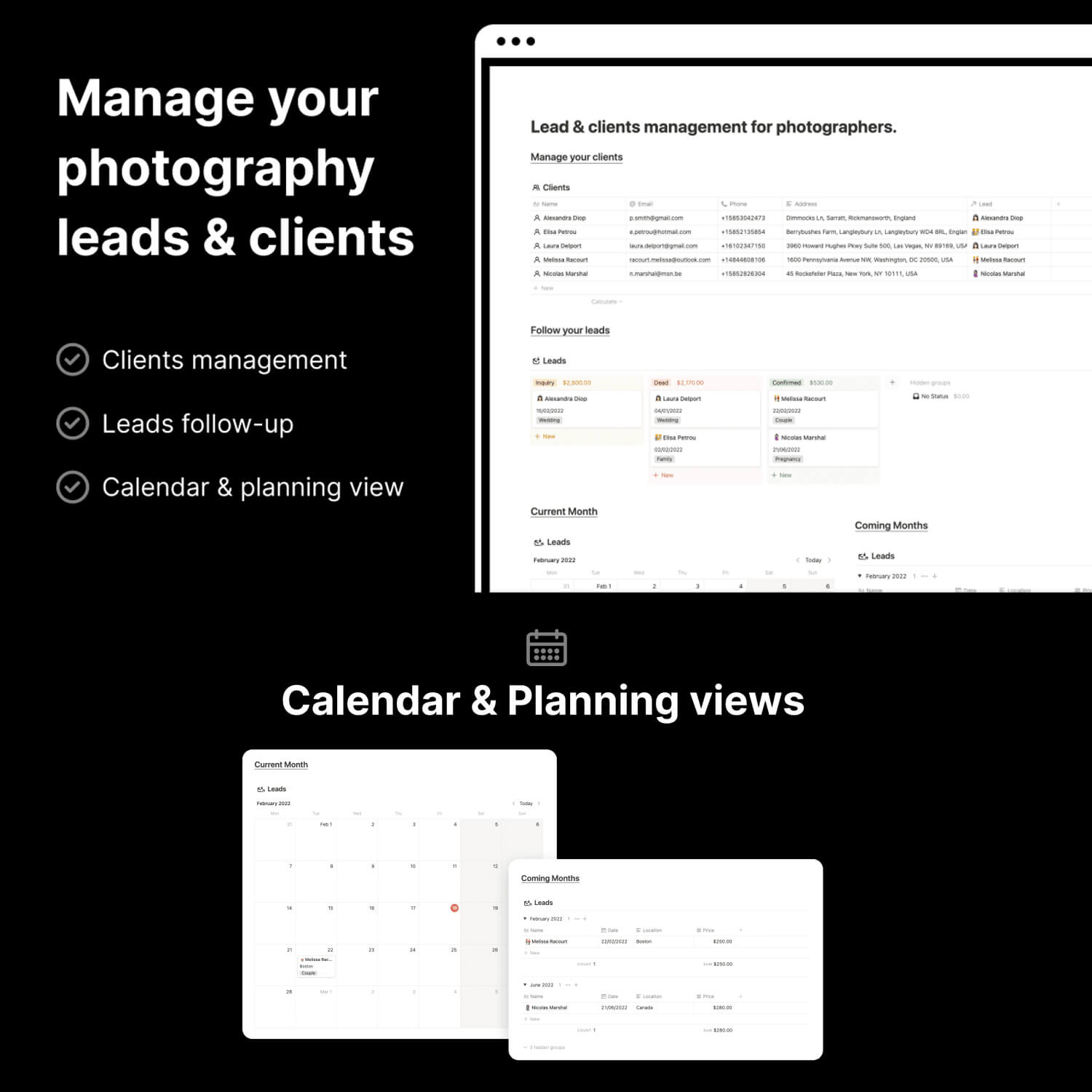 Manage your Photography lead & client, Calendar & Planning views.