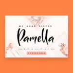 Handwritten script font duo Pamella on orange background.