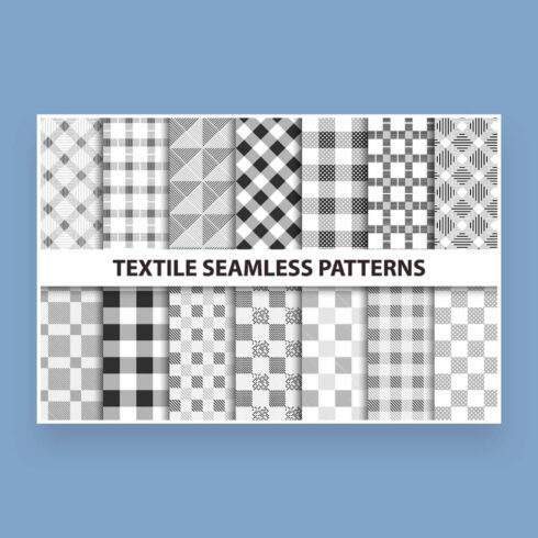 Textile seamless geometric patterns black and white texture, fourteen patterns.