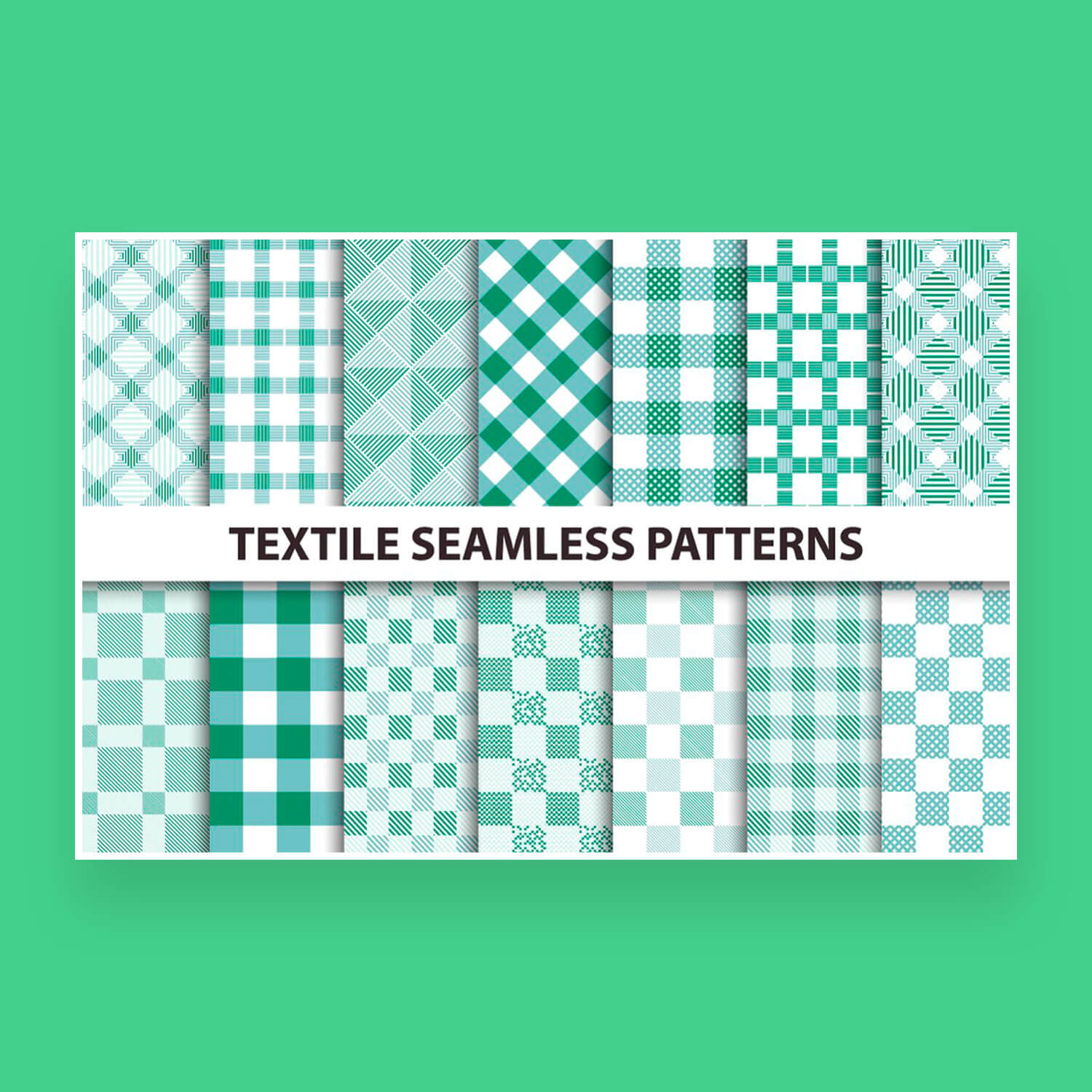 Fourteen examples of textile seamless patterns.