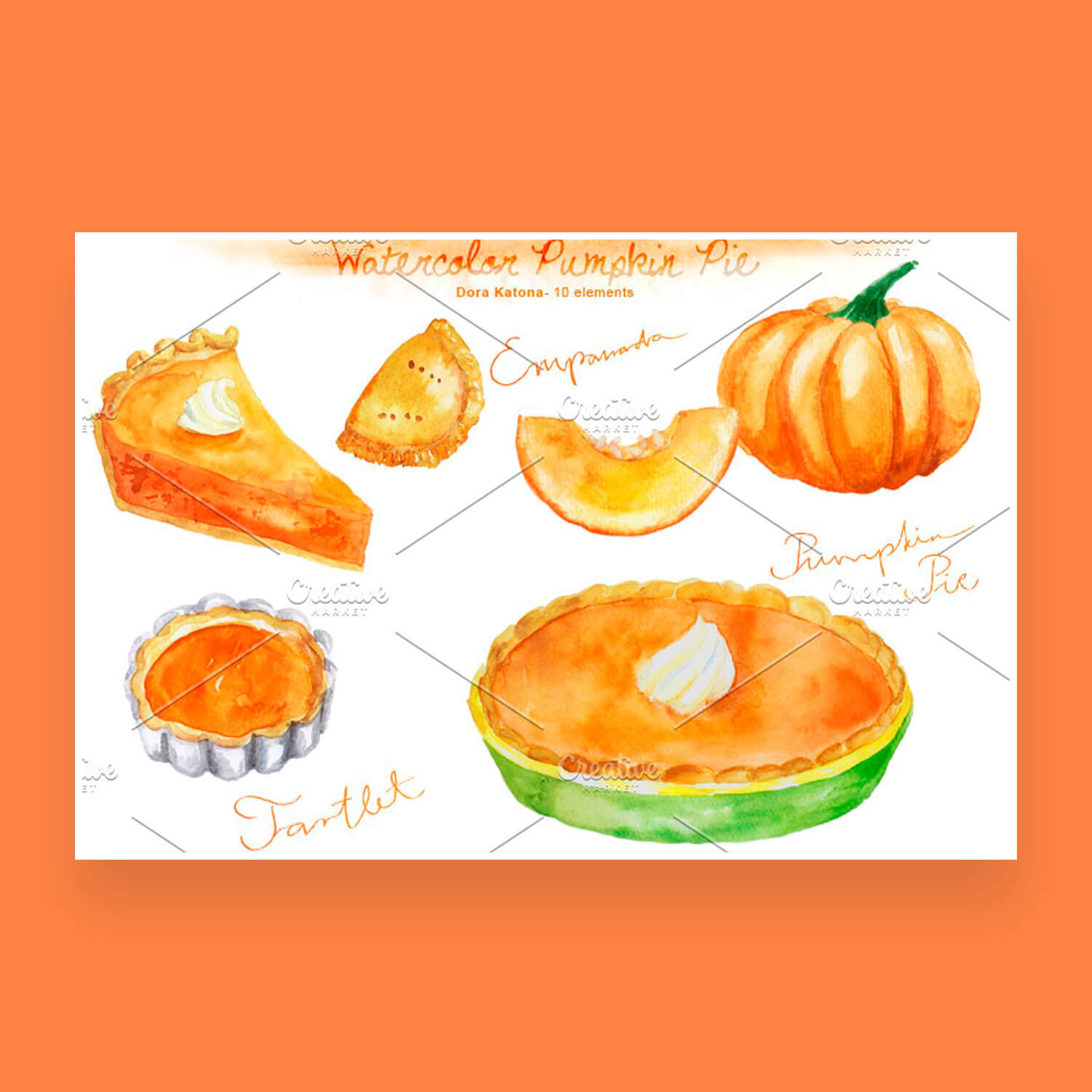 Clipart Watercolor pumpkin pie and pumpkin on orange background.