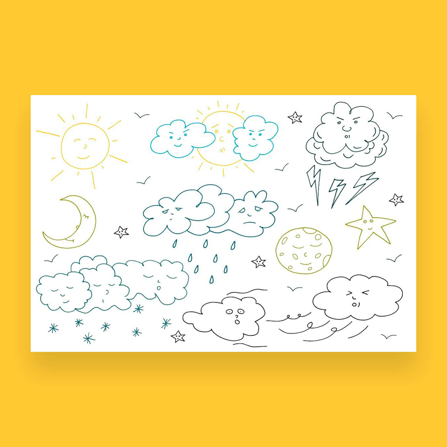 Different set of weather phenomena hand drawn doodles.