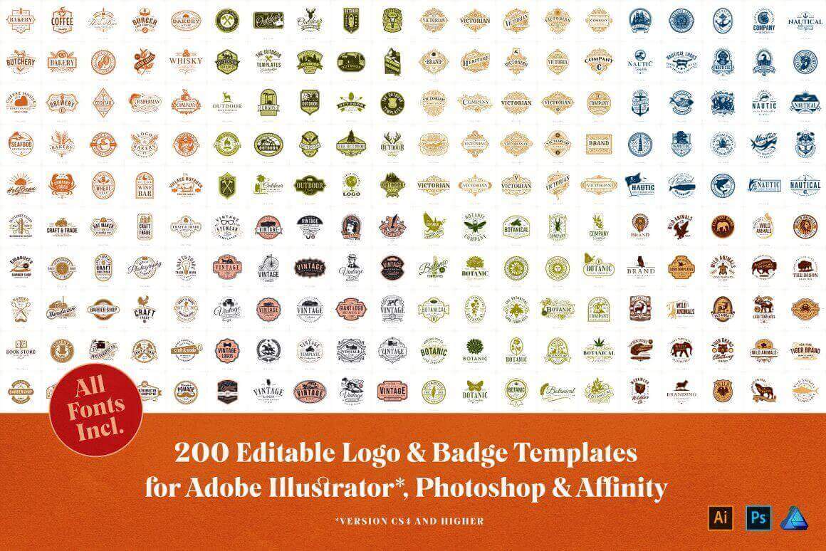 200 editable logo and badge templates for Adobe Illustrator, Photoshop and Affinity.