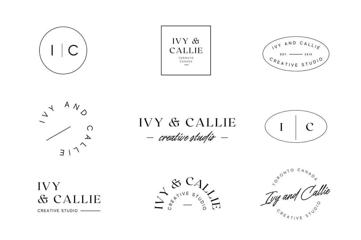 Logos drawn in different fonts, different shapes with geometric details.