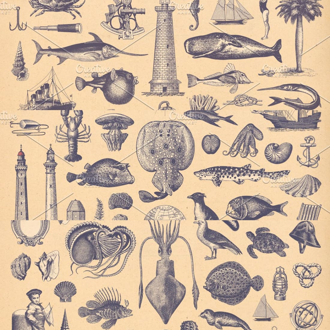 100 vintage nautical illustrations.