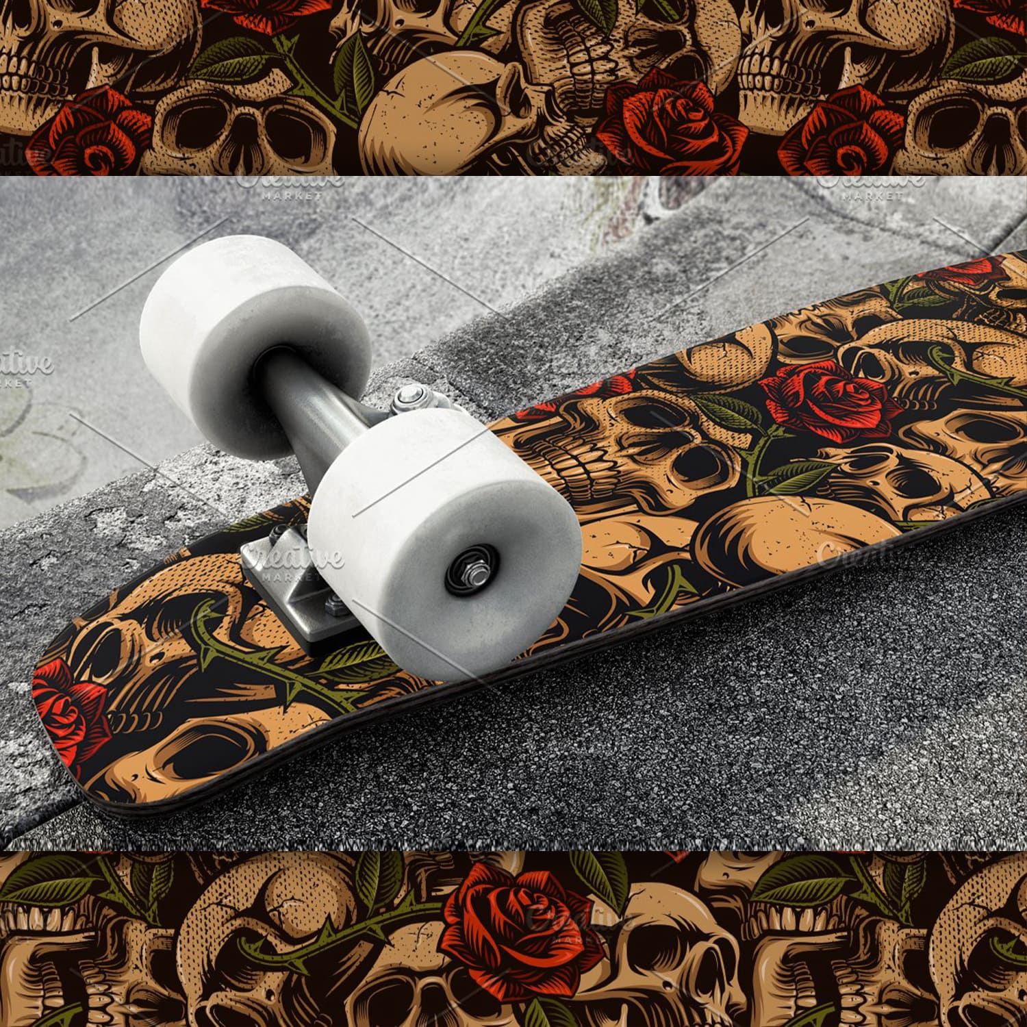 skulls and roses seamless background for skateboard.