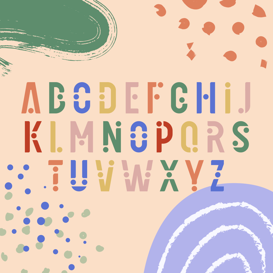 Dots font preview on colored background.