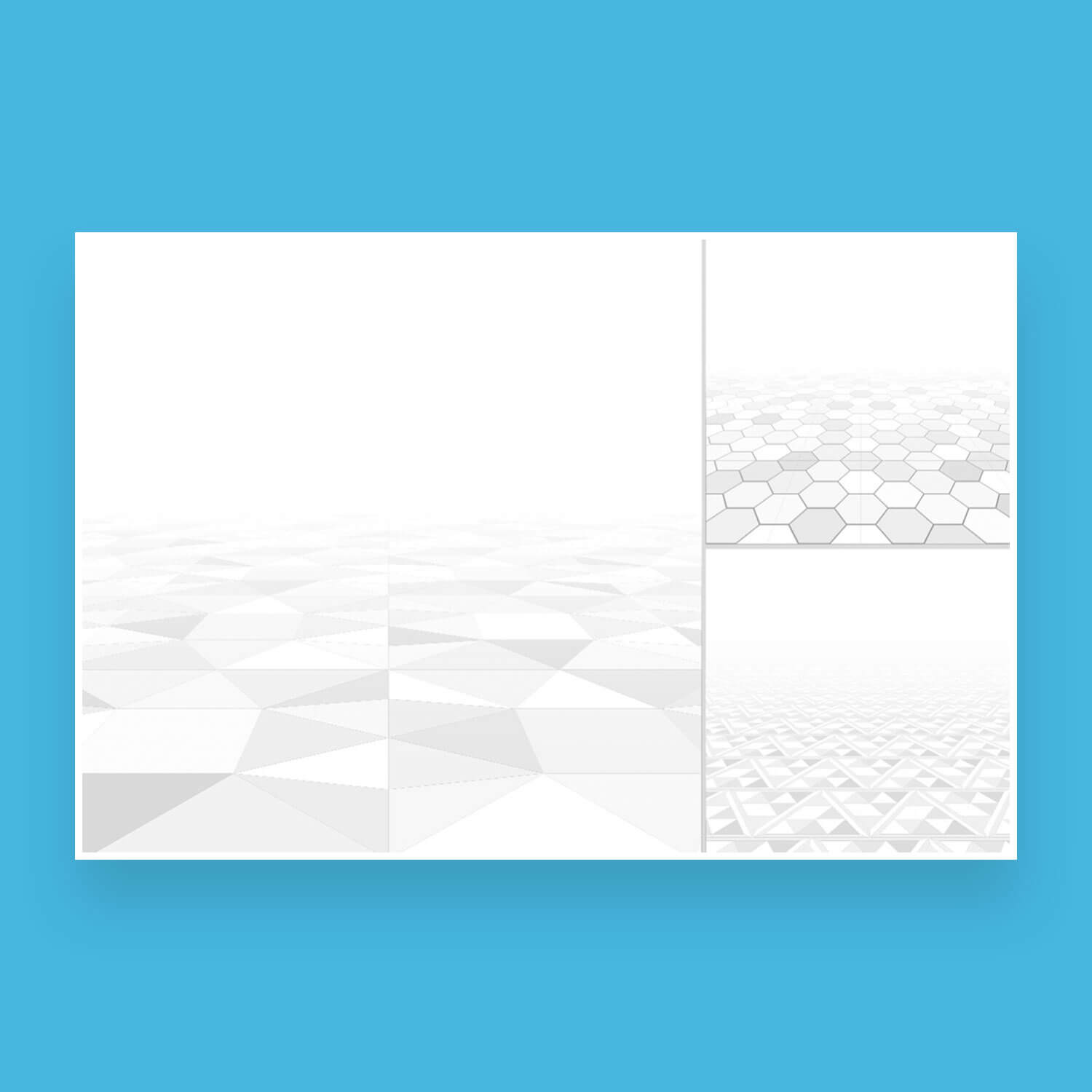 Three abstract light geometric backgrounds, large in triangles, small honeycombs, rhombuses.