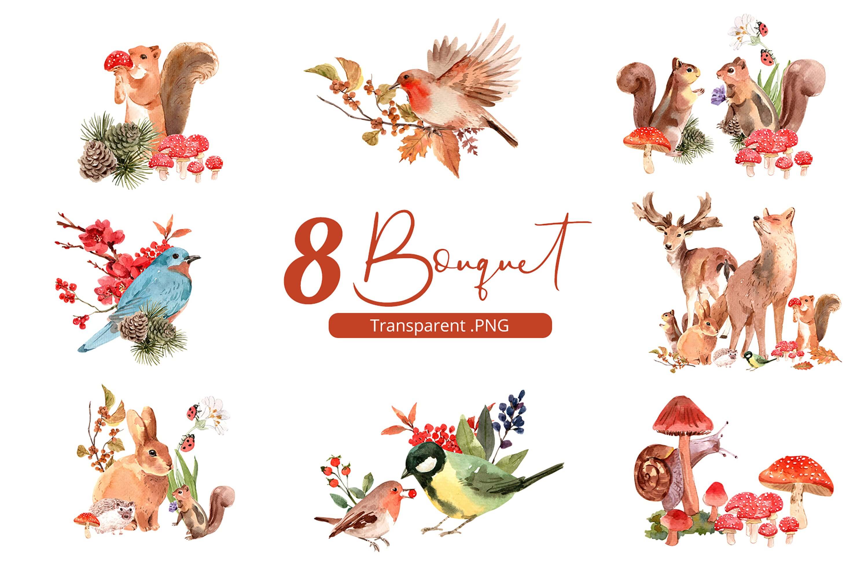 8 bouquets are made up of wildlife, birds, animals and forest harvest.