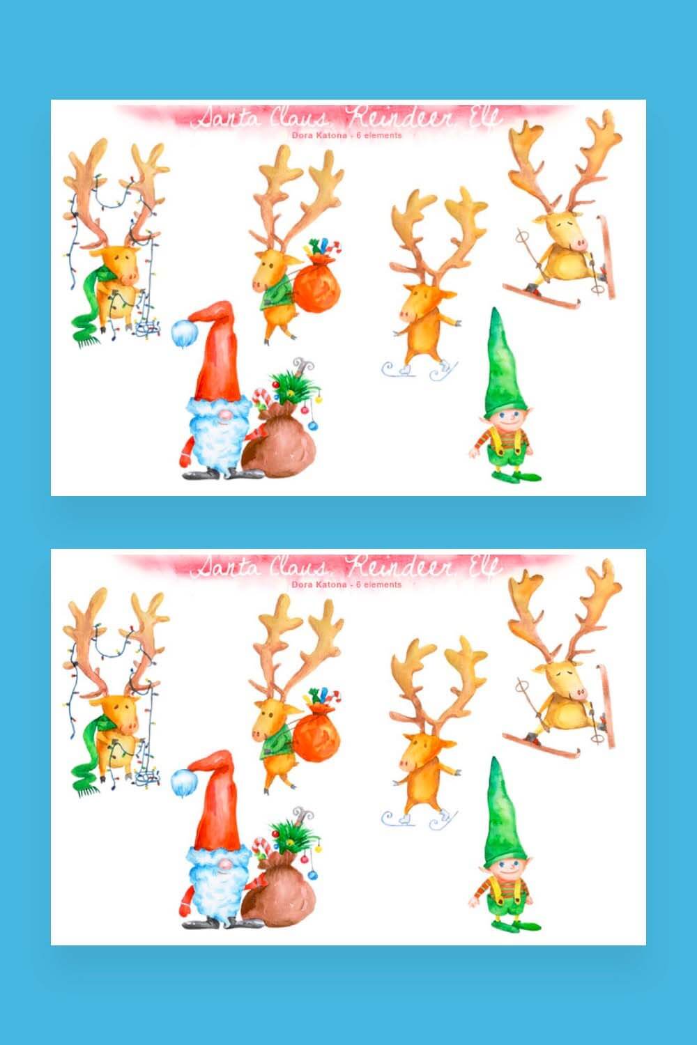 Two pictures of Merry Christmas, santa claus, elf reindeer.