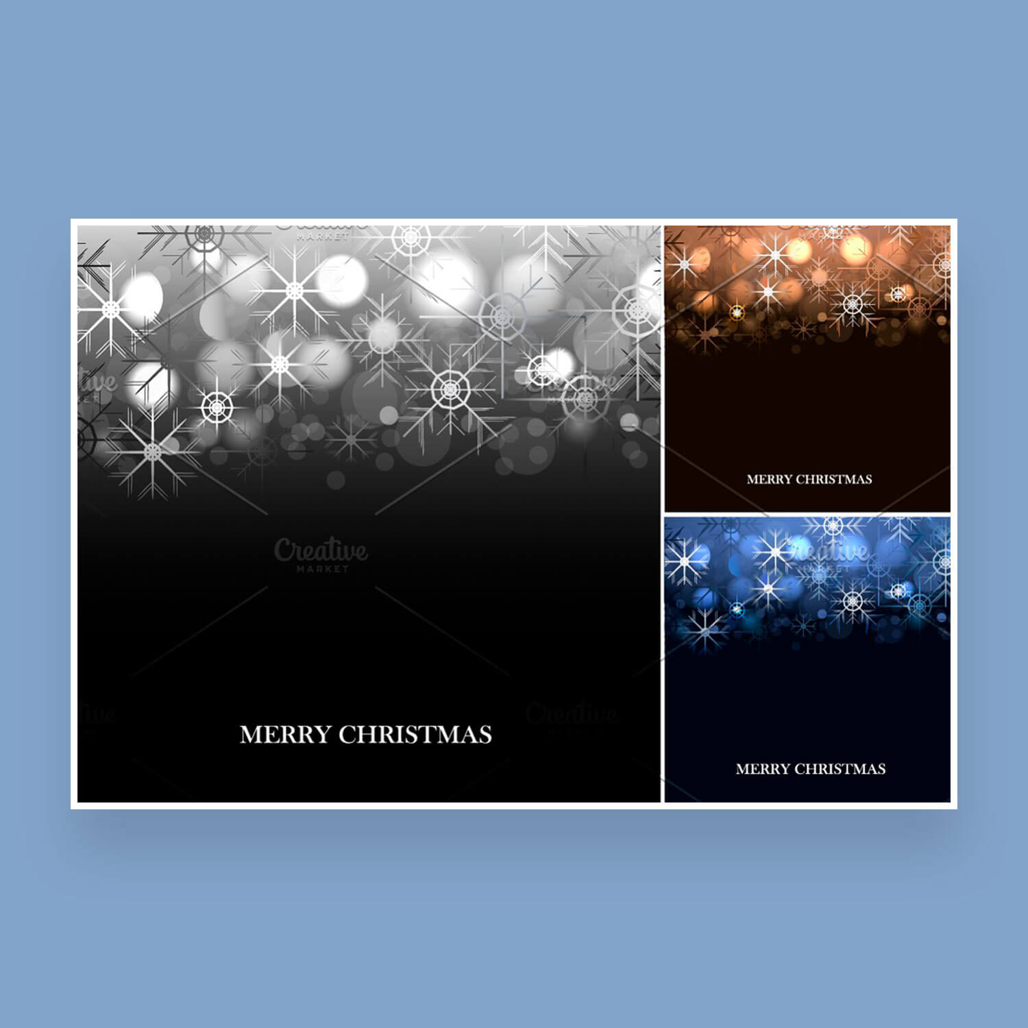 Picture with three Christmas backgrounds in different shades, silver, gold and blue.