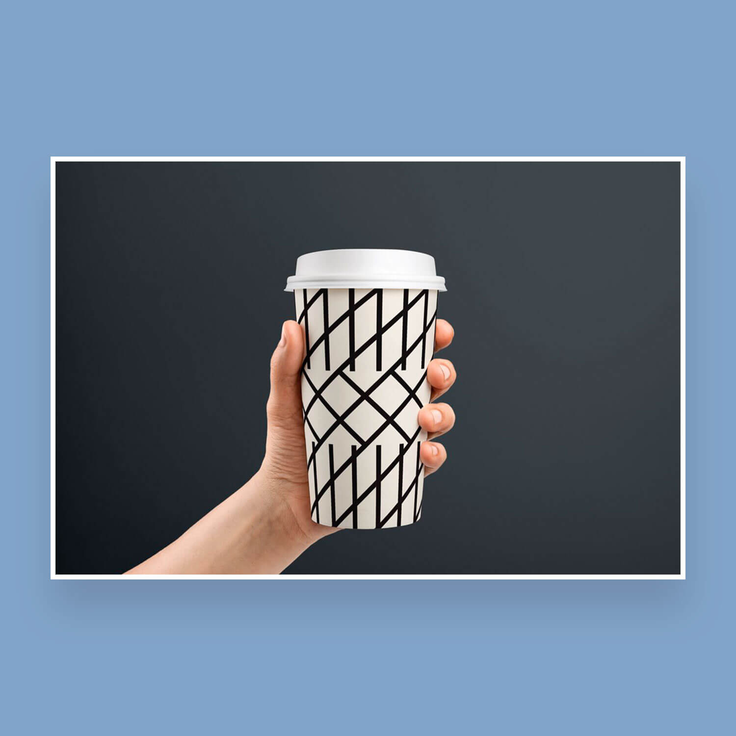 Samples of geometric seamless patterns on a disposable cup with a lid.