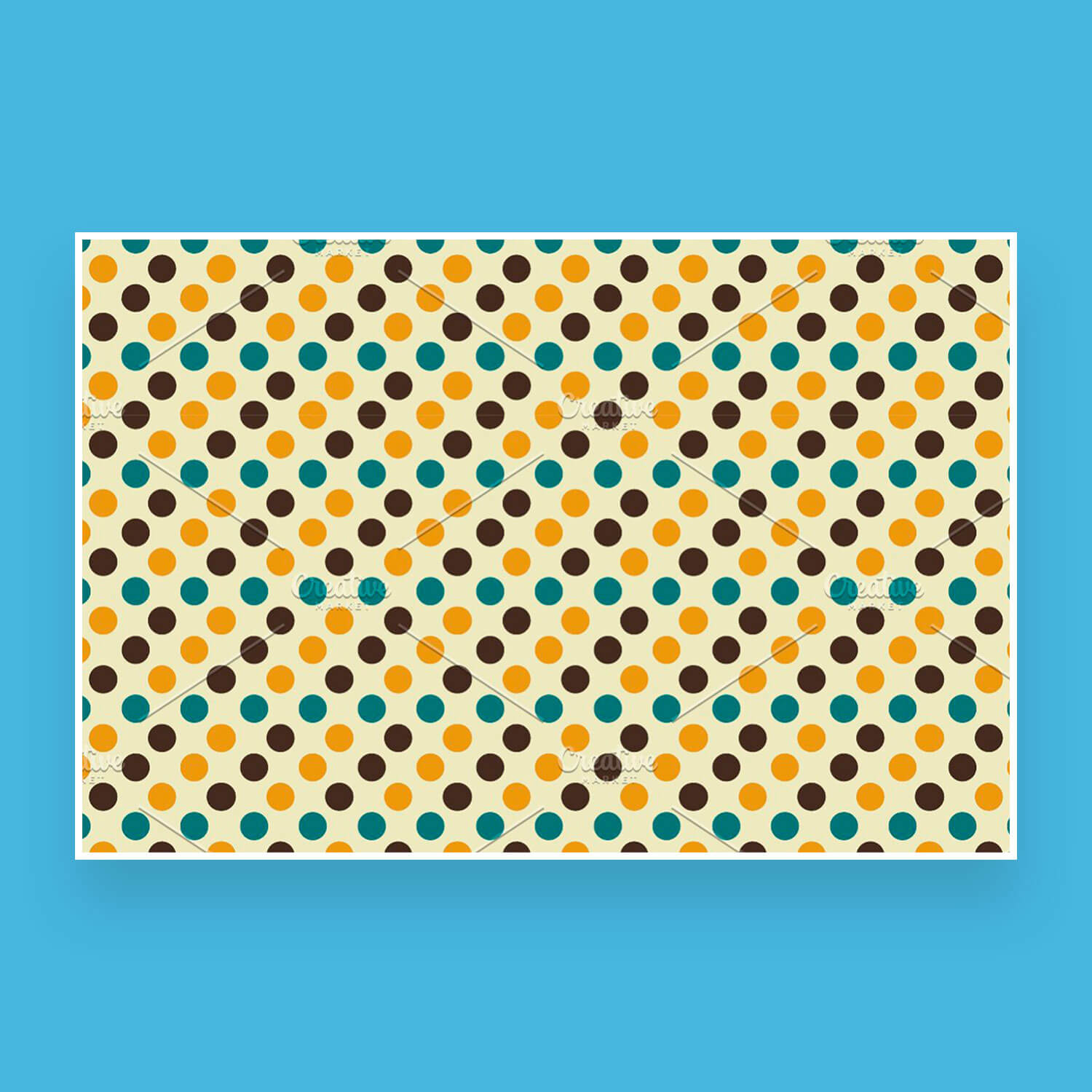 Pattern with retro patterns in the form of circles of brown, green and yellow colors on a turquoise background.