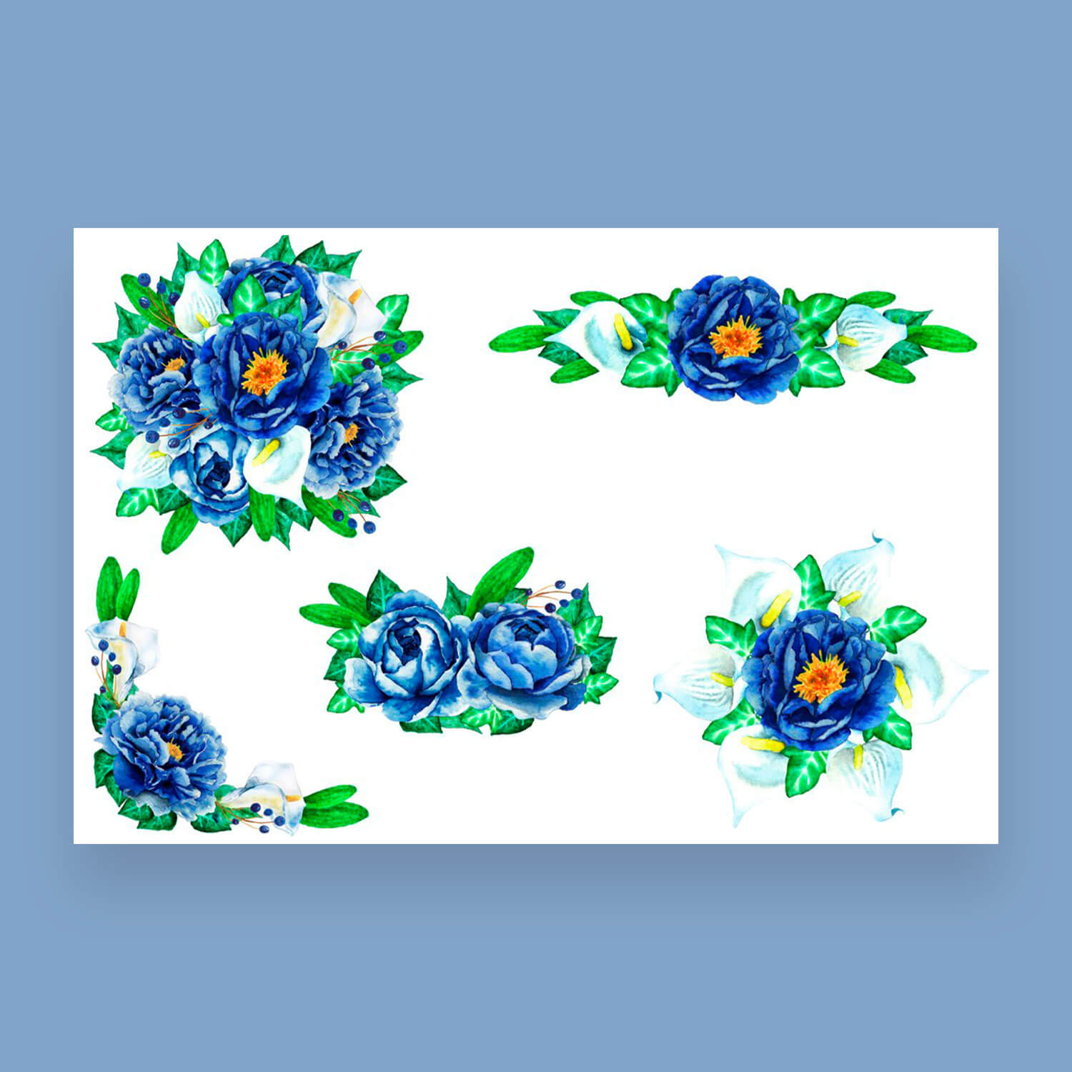 Dark blue and white bouquet of flowers on a white background.