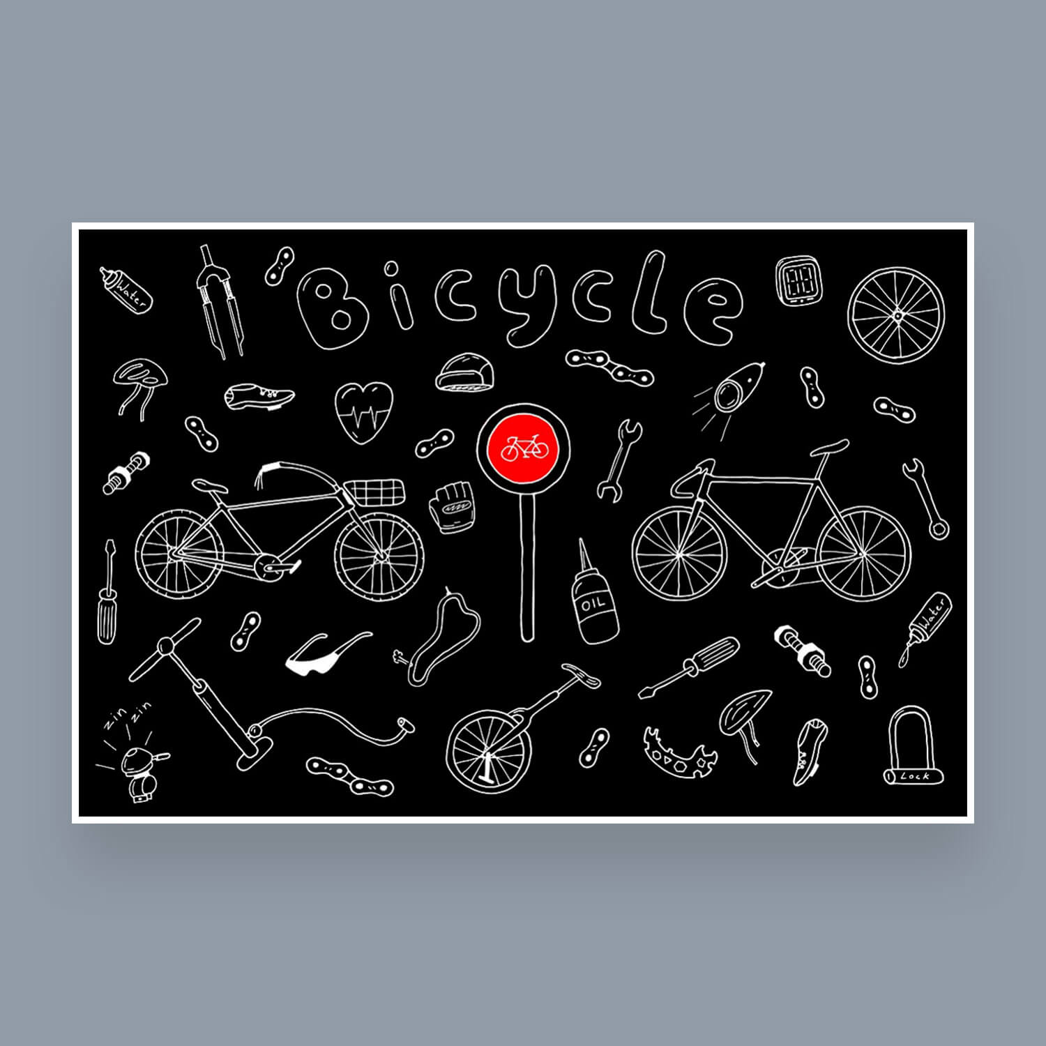 Drawn bicycles on a black background and a red sign Bicycle traffic is prohibited.