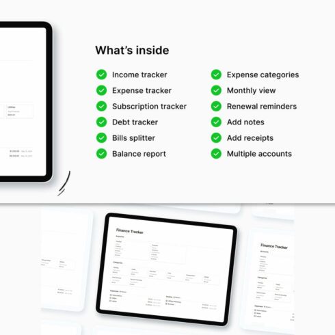Inscription: What's inside, Income tracker, Expense tracker, Subscription tracker.