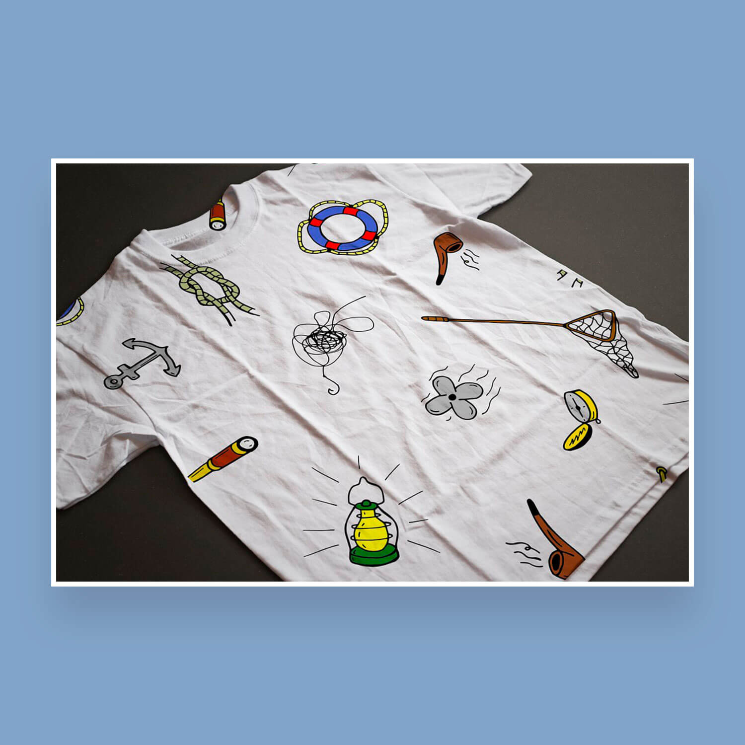White T-shirt with fishing patterns.