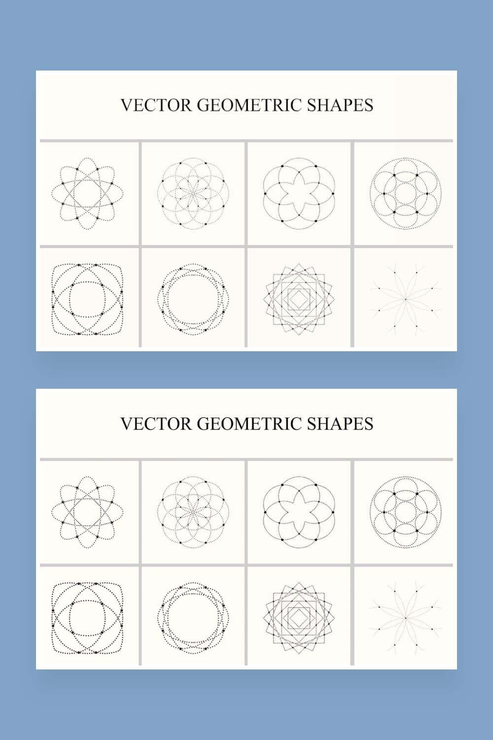 Two images of types of geometric shapes from dots in one picture.